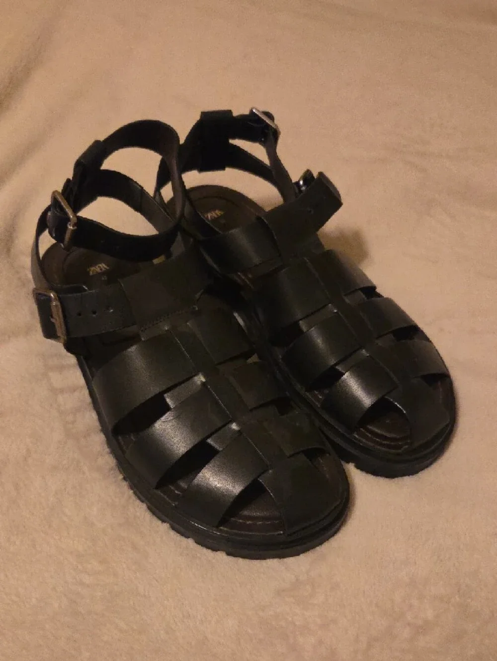 Zara Black Leather Buckle Gladiator Sandals, Sz 11 - Picture 2 of 5